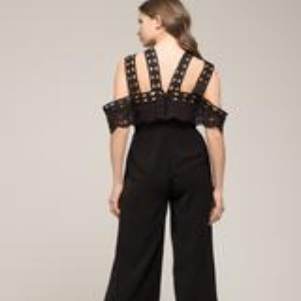 Moon River Black Wide Leg Jumpsuit Crochet Lace Straps NWT XS - Picture 2 of 4